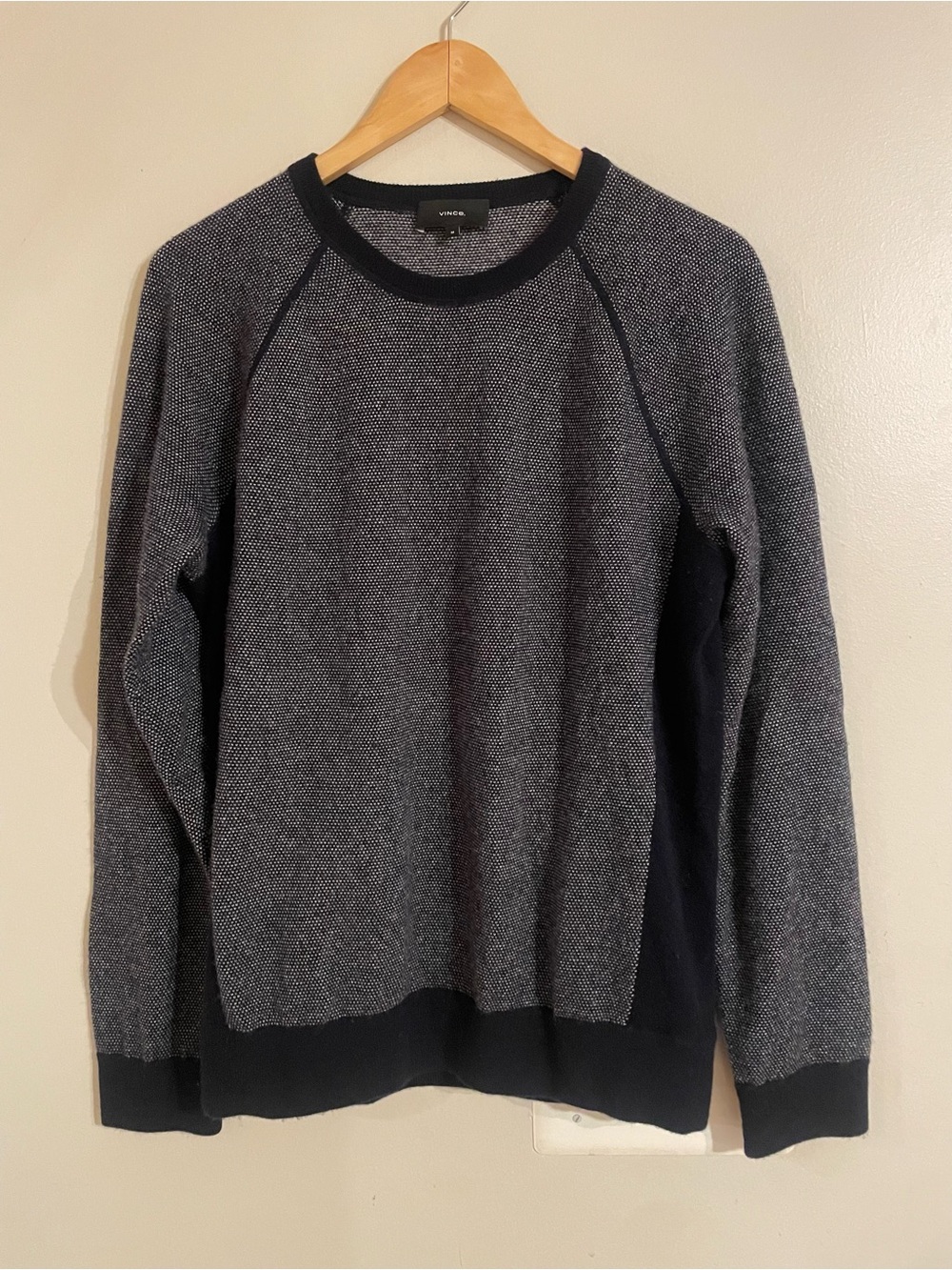 Vince Men’s Wool Cashmere Birdseye Knit Raglan Crewneck Sweater Navy White Sz M